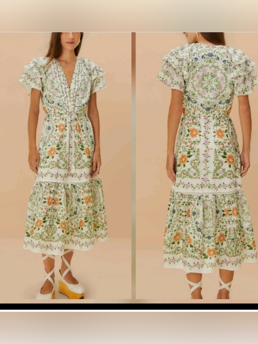 FARM Rio White Floral Midi Dress with Orange & Green Accents Sz S NWT